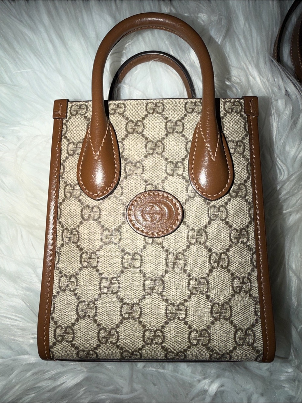 Gucci Beige GG Supreme Mini Tote with Brown Leather Trim crossbody bag